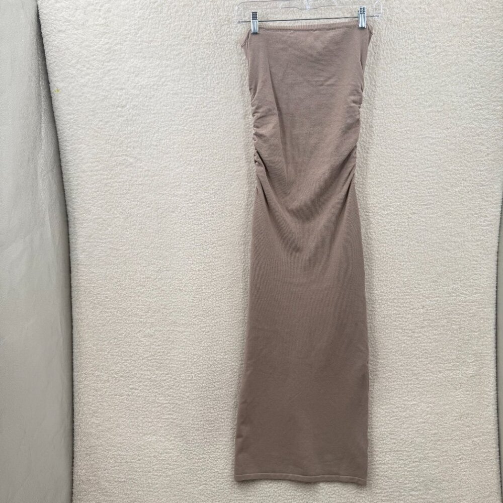 Dissh ruched midi bodycon dress beige Back slit Straples Size L